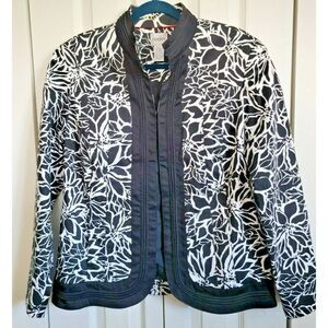 Chico's‎ 2 Large Black/White Embroidered Jacket Slimming Hook Closure ~Pockets